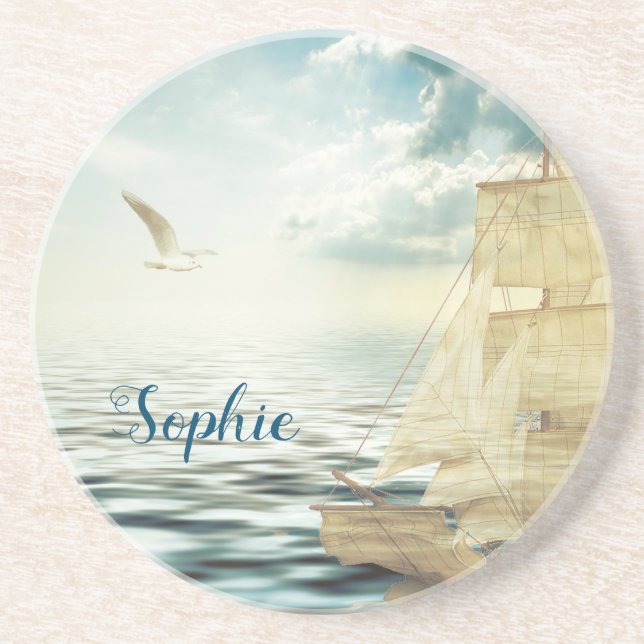 Brigantine Sailboat & Seagulls Coaster (Front)