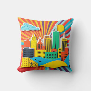 Bright 1960s Style Cityscape Collage Cushion