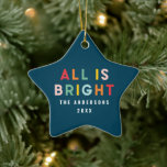 Bright 1 photo navy blue modern Christmas family  Ceramic Ornament<br><div class="desc">Bright colourful navy blue fun modern 1 photo Christmas family all is bright ornament</div>