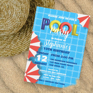 Bright 3D Pool Float Kids Summer Birthday Party Invitation