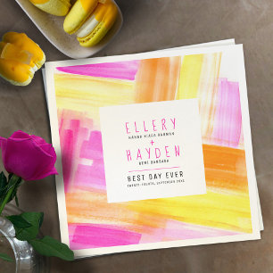 Bright abstract art pink yellow peach wedding napkin