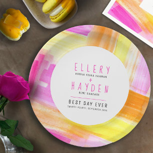 Bright abstract art pink yellow peach wedding paper plate