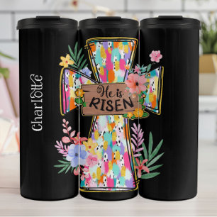 Bright Abstract Floral He Is Risen Cross Thermal Tumbler