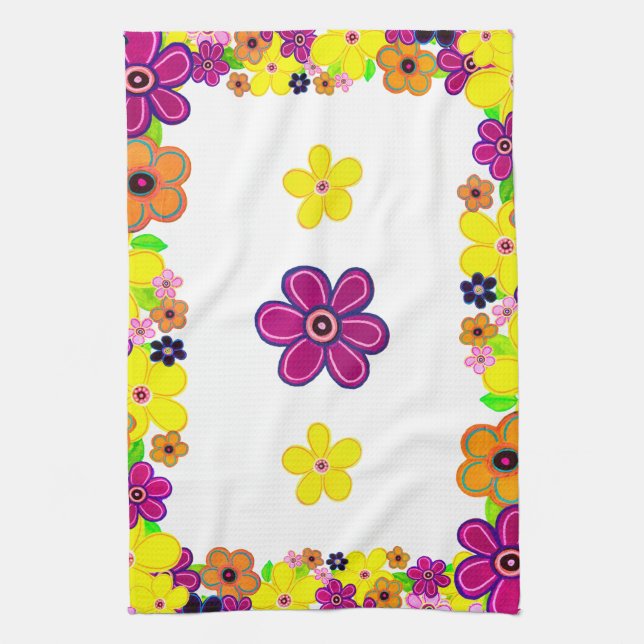 Bright Abstract Flower Art Tea Towel (Vertical)