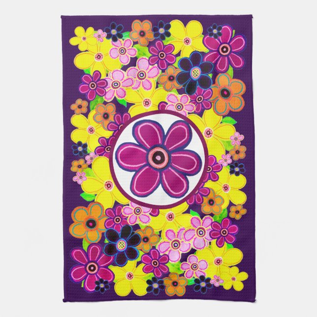 Bright Abstract Flower Art Tea Towel (Vertical)