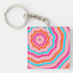 Bright Abstract Fun Flower in Orange Pink Teal Key Ring