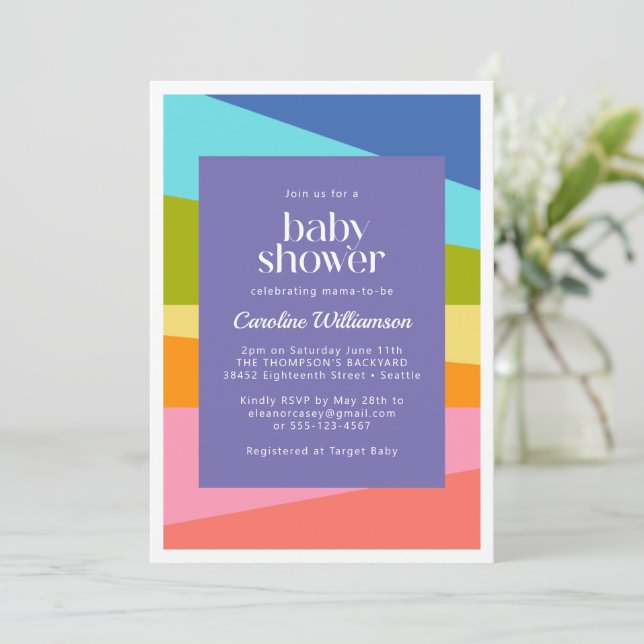 Bright Abstract Geometric Rainbow Baby Shower Invitation (Standing Front)