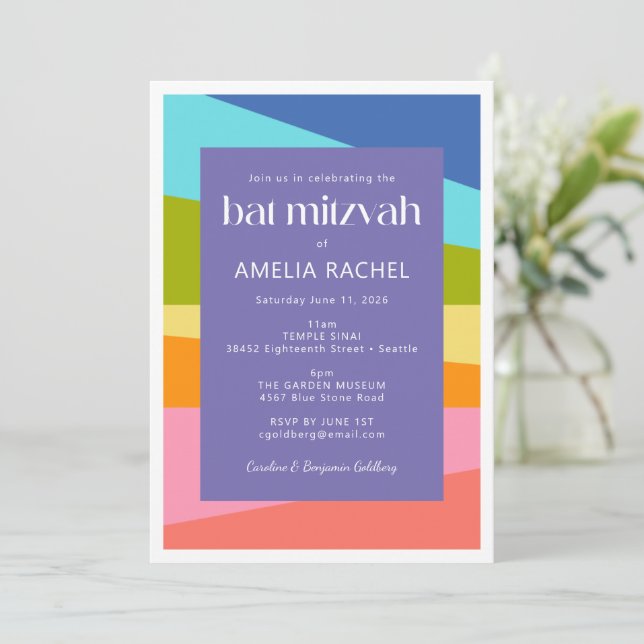 Bright Abstract Geometric Rainbow Bat Mitzvah  Invitation (Standing Front)