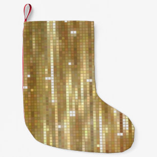 Bright abstract mosaic golden background with glos small christmas stocking