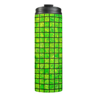 Bright abstract mosaic green background with gloss thermal tumbler