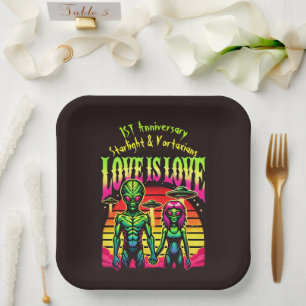Bright Aliens in Love Under Sky Paper Plate