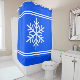 Bright Alpine Blue White Racing Stripes Snowflake Shower Curtain