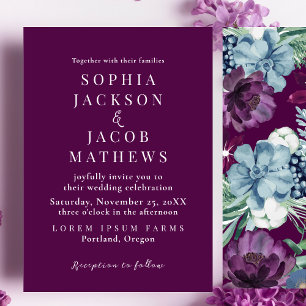 Bright and bold floral Magenta Winter Wedding Invitation