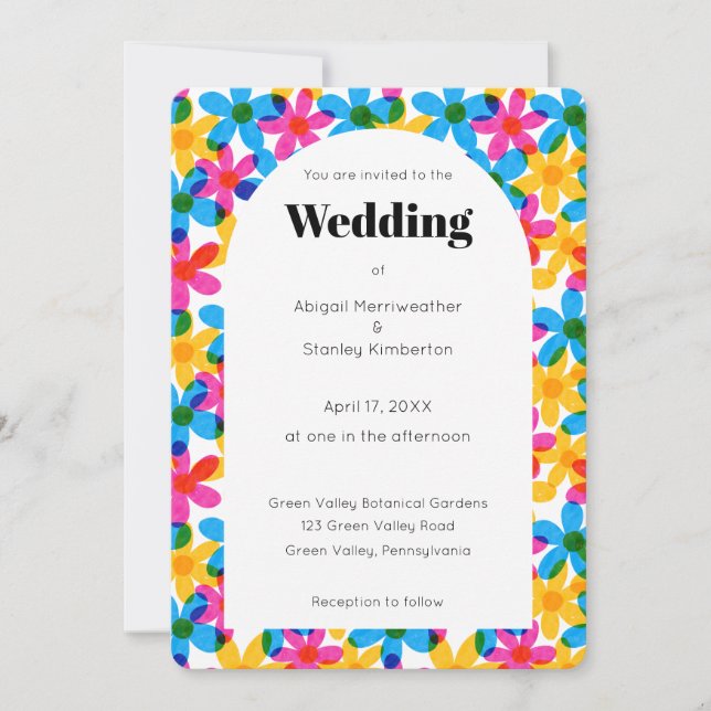 Bright and Bold Hippie Flowers Arch Shape Wedding Invitation (Front)