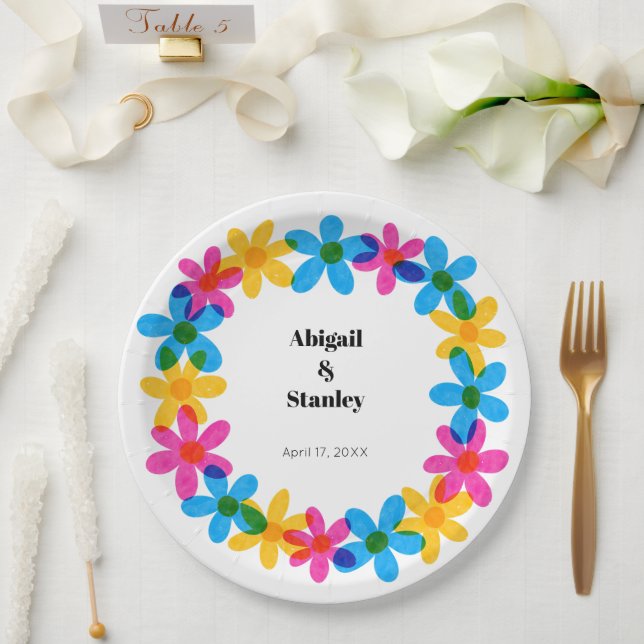 Bright and Bold Hippie Flowers Spring Wedding Paper Plate (Wedding)