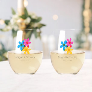Bright and Bold Hippie Flowers Spring Wedding Stemless Wine Glass