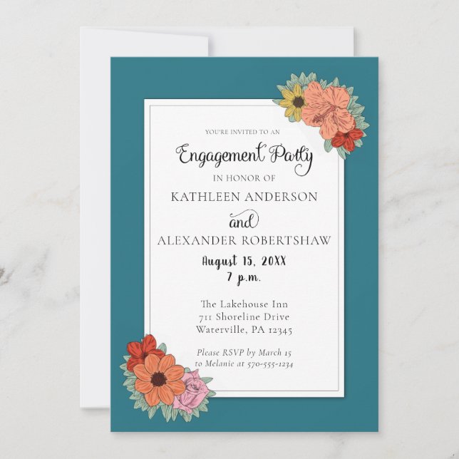 Bright and Bold Teal Blue Floral Engagment Party Invitation (Front)