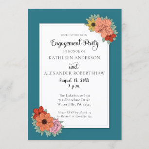 Bright and Bold Teal Blue Floral Engagment Party Invitation