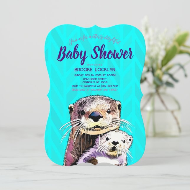 Bright and Bold Teal Otter Mum and Baby Shower Invitation (Standing Front)