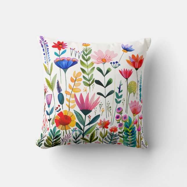 Bright and Colourful Floral Pattern Illustration Cushion (Front)
