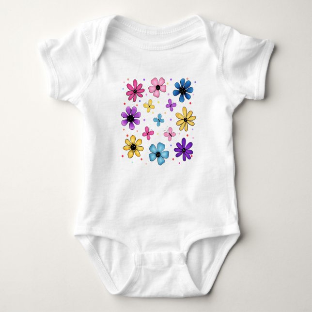Bright and Colourful Flowers and Butterflies Baby Bodysuit (Front)