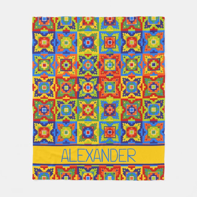 Bright and Colourful Geometric Tile Personalised Fleece Blanket (Front)