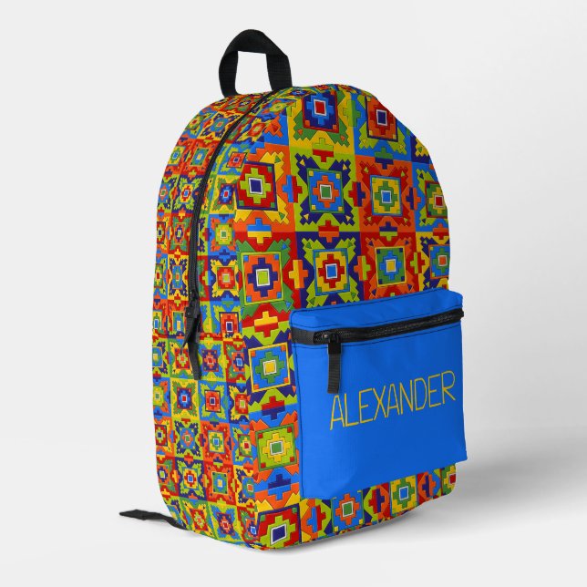 Bright and Colourful Geometric Tile Personalised Printed Backpack (Back Corner Left)