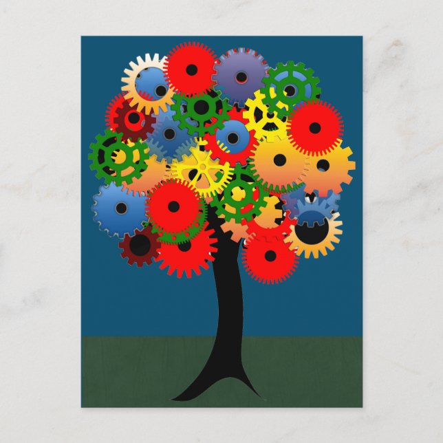 Bright and Colourful Mechanical Gear Tree Postcard (Front)