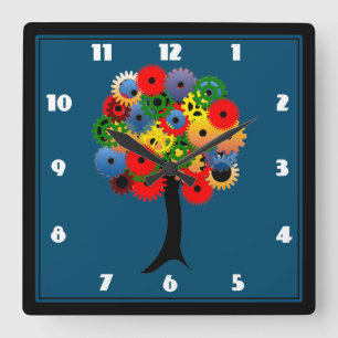 Bright and Colourful Mechanical Gear Tree Square Wall Clock