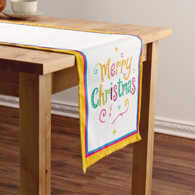 Bright and cool Merry Christmas Short Table Runner (In Situ)