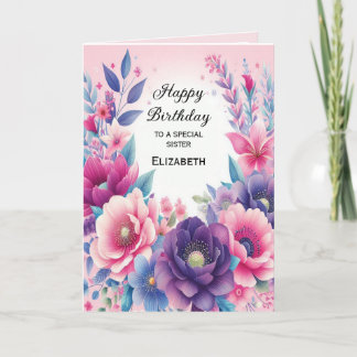 Bright and Cute Pink Purple Blue Flowers  Card