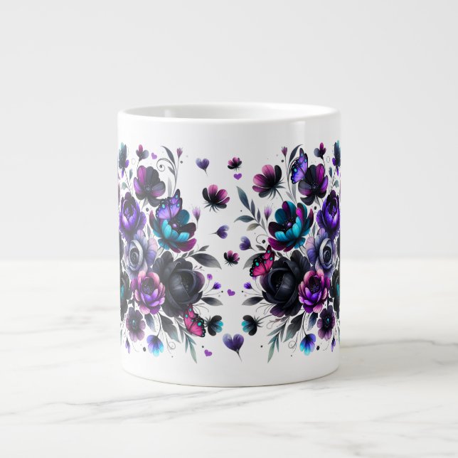 Bright and Dark Floral Fantasy with Butterflies Large Coffee Mug (Front)