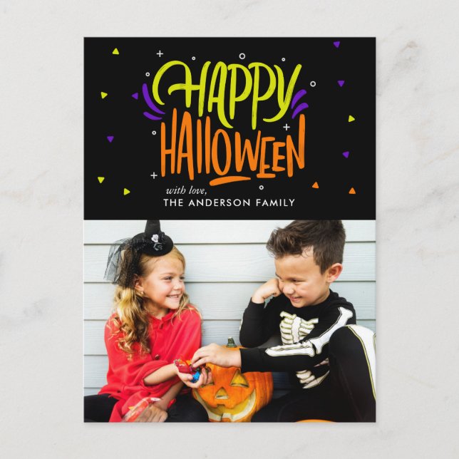 Bright and Fun "Happy Halloween" Family Holiday Announcement Postcard (Front)