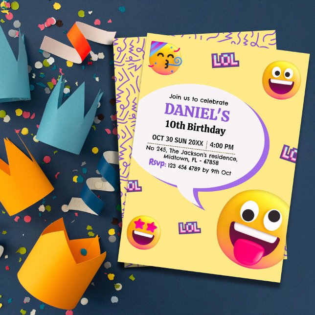 Bright and fun modern emoji themed 10th birthday invitation (Front/Back )