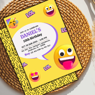 Bright and fun modern emoji themed 10th birthday invitation