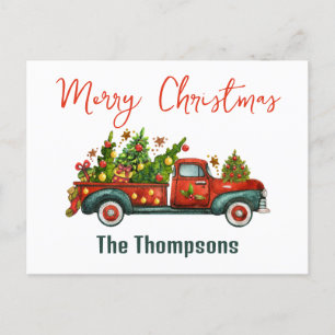 Bright and Merry Christmas Wishes Red Old Truck Holiday Postcard