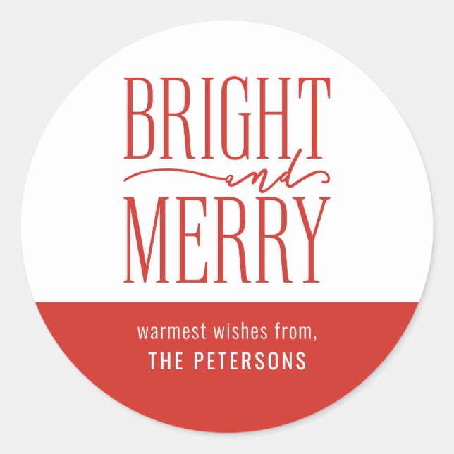 Bright and Merry Modern Festive Red Holiday Classic Round Sticker (Front)