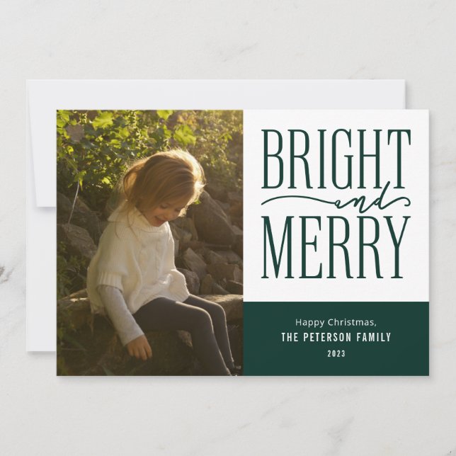 Bright and Merry Modern Minimal Christmas Photo Holiday Card (Front)