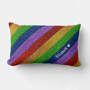 Bright and Sparkly Rainbow Faux Glitter Striped Lumbar Cushion
