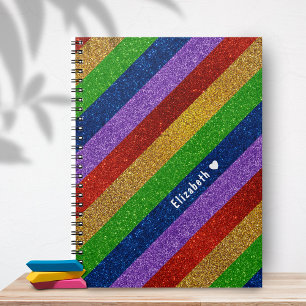 Bright and Sparkly Rainbow Faux Glitter Striped Notebook