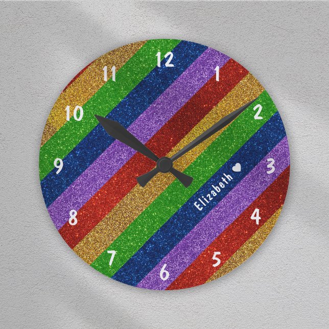 Bright and Sparkly Rainbow Faux Glitter Striped Round Clock (Creator Uploaded)