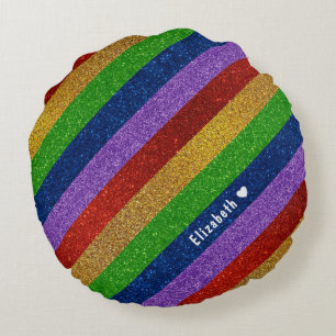 Bright and Sparkly Rainbow Faux Glitter Striped Round Cushion