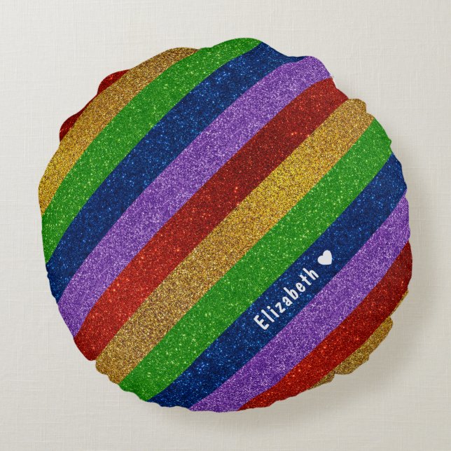 Bright and Sparkly Rainbow Faux Glitter Striped Round Cushion (Back)