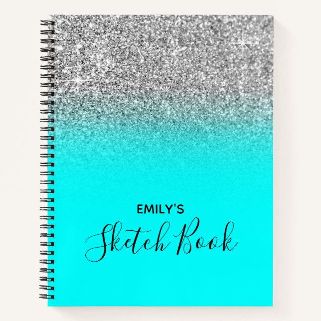 Bright Aqua and Silver Glitter Ombre Drawing Notebook (Front)