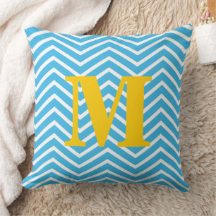 Bright Aqua and White with Yellow Monogram Zig Zag Cushion