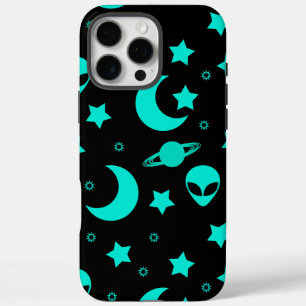 Bright Aqua Blue Alien Heads in Outer Space iPhone 16 Pro Max Case