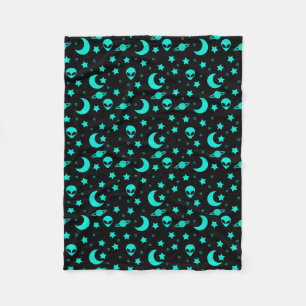 Bright Aqua Blue Alien Heads in Outer Space Fleece Blanket