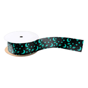 Bright Aqua Blue Alien Heads in Outer Space Satin Ribbon