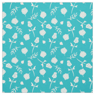 Bright Aqua Blue and White Rosebud Floral Pattern Fabric