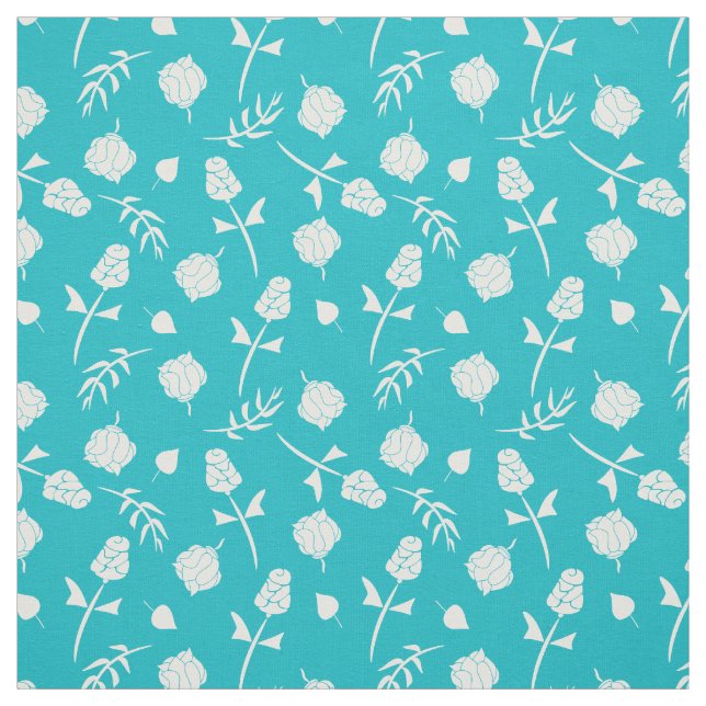 Bright Aqua Blue and White Rosebud Floral Pattern Fabric (Swatch)